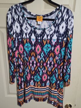 Ruby Rd. Navy Multicolor Ikat 3/4 Sleeve Tunic with Turquoise & Pink Accents